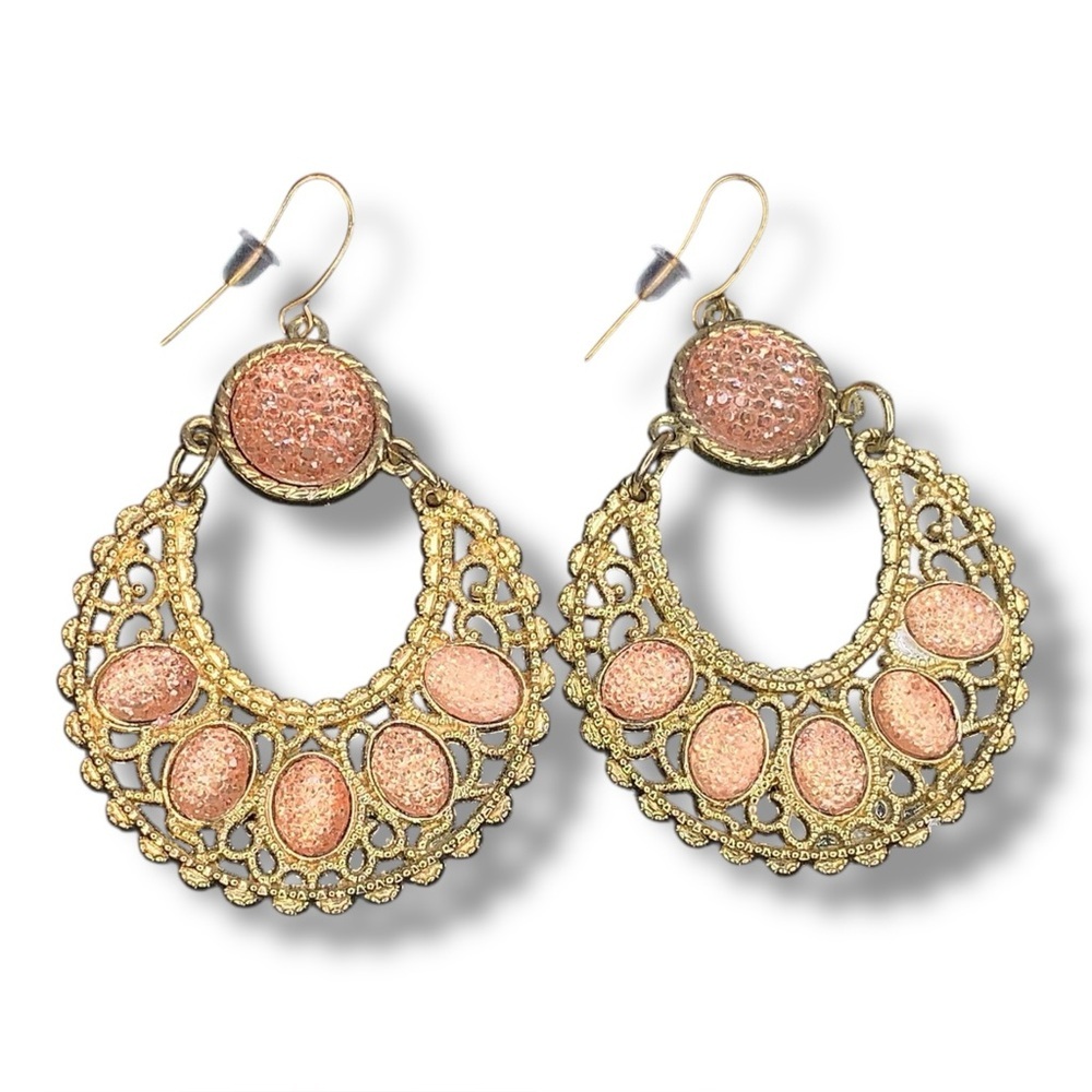 Gold Tone Pink Sparkle Rhinestone Dangle Chandelier Earrings